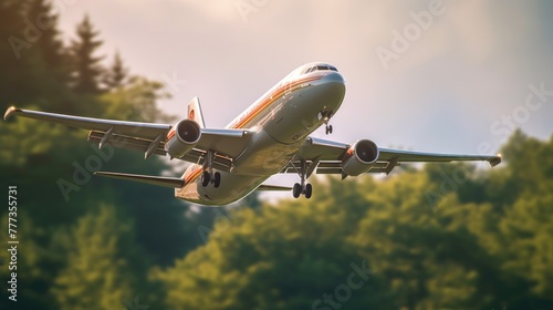 perspective view of jet airliner in flight with bokeh background