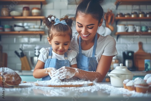 Mother having fun with her little daughter, cooking and baking in the kitchen. Family relationship.