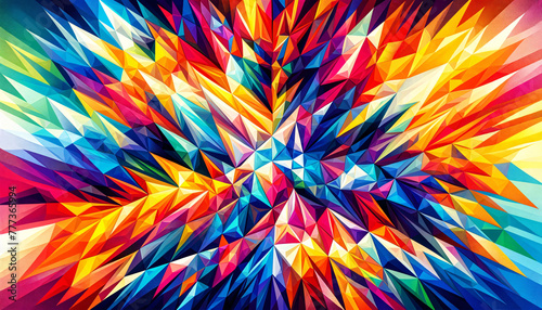 A colorful abstract image with a mosaic of triangles in a vibrant spectrum of hues. The triangles is vary in size and color