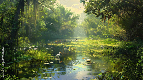 : A tranquil marshland teeming with life, with the vibrant colors of exotic birds contrasting against the lush greenery.