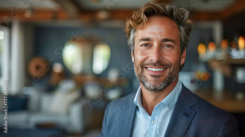 Portrait of handsome mature man in casual wear standing in coffee shop