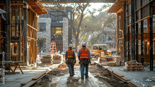 Two men in orange vests are walking down a construction site