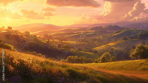A panoramic vista of rolling hills stretching to the horizon, bathed in the warm hues of twilight.