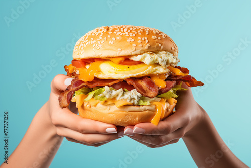 2 mains de femme tenant un énorme cheeseburger, gourmand avec de la sauce, du fromage fondu, du bacon, de la salade, des tranches de tomate, de la viande sur fond bleu clair