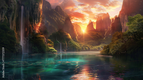 A secluded lagoon surrounded by towering cliffs, with the tranquil waters reflecting the fiery colors of sunset.