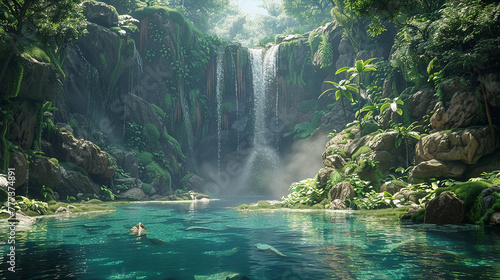 A secluded waterfall hidden deep within the jungle, cascading down moss-covered rocks into a crystal-clear pool below.