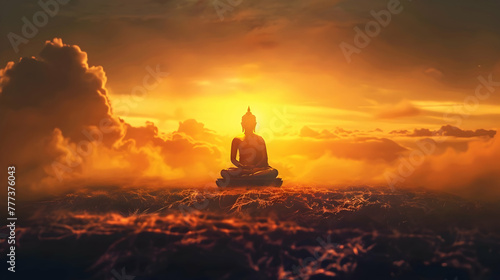 Vesak day banner with copy space, silhouette of buddha against the background of clouds illuminated by the dawn sun with space for text