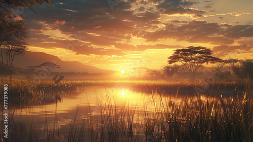 A serene pond surrounded by towering reeds, reflecting the vivid hues of the rising sun in the Serengeti.