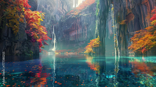 A tranquil lake nestled between towering cliffs, reflecting the vibrant colors of the surrounding foliage in its glassy surface.