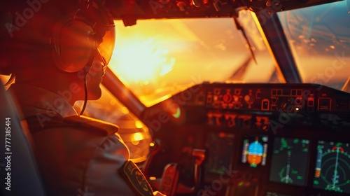 Focused pilot in uniform operating aircraft during a vibrant sunset