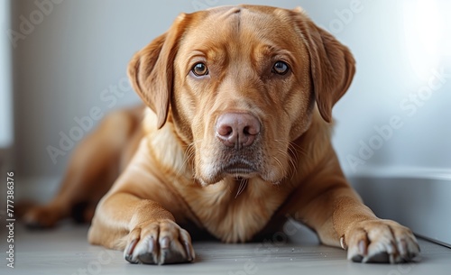 A livercolored dog breed is laying on the wood flooring, gazing at the camera with its fawncolored coat. This carnivore has whiskers and a snout, embodying the loyal nature of a companion dog