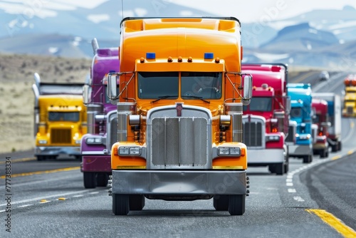 Vibrant convoy of semi trucks driving on a highway with mountain backdrop