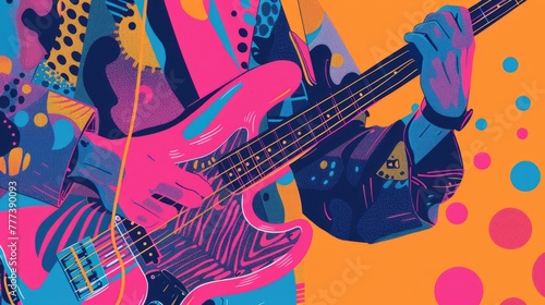 Person playing electric bass guitar. Abstract colorful music illustration.