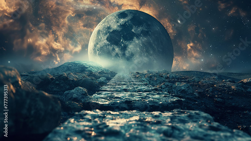 Surrealistic scene of a rocky pathway floating towards a black hole, encapsulating an adventure into the unknown