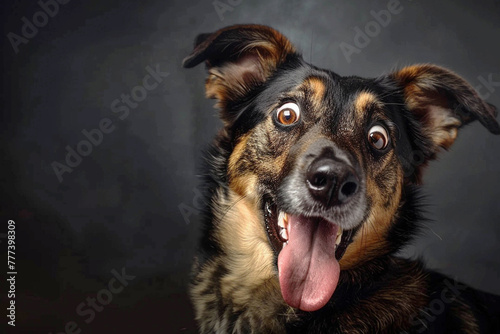 An image of an embarrassed dog with its tongue outstretched and looking as if it had just done something stupid.