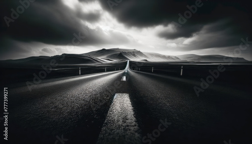 A moody black and white photo of a reflective road leading through dramatic landscapes under a dark sky. Generative AI