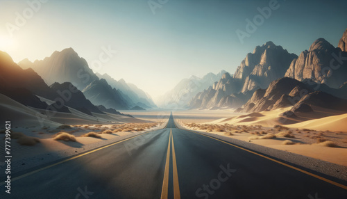 A straight road leading through a vast desert with sand dunes and rugged mountains under a clear sky, symbolizing adventure or journey. Generative AI