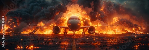 Illustrations of a burning passenger plane on a runway, depicting plane crash scenarios