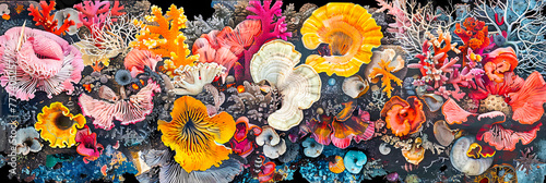 Eine Collage aus unter Wasser Welt, Pilzen und Organismen Elementen.