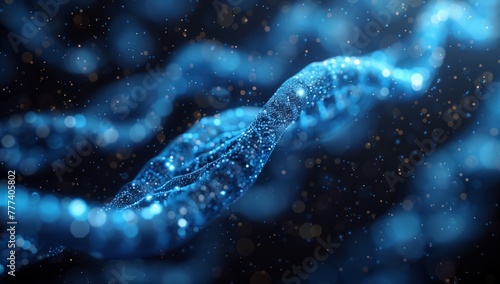 A stunning closeup of an electric blue DNA strand resembling the scales of a crocodile, set against a black background reminiscent of a dark underwater world