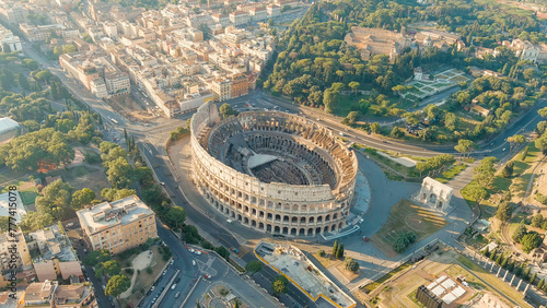 Rome, Italy. Roman Coliseum. Flight over the city. Panorama of the city in the morning. Summer, Aerial View