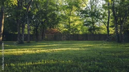 Green large fenced backyard with trees