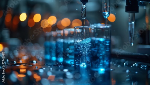 An electric blue liquid fills a pipette in a laboratory, ready for precise measurements. The glass tube gleams with the vibrant fluid