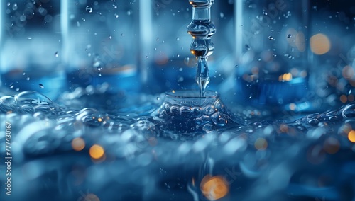 A closeup of a drop of liquid falling into a glass, capturing the beauty of azure water against an electric blue sky backdrop, creating a mesmerizing atmosphere