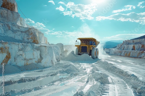 Large industrial mining truck loaded with white cut stones in a marble quarry under clear blue skies