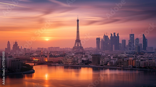 Sunset illuminates famous city skyline a romantic view, AI Generative