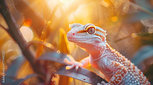 A close-up of a gecko with intricate scales, basking under the warm sunlight with a blurred tropical garden backdrop