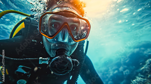 Close-up portrait of a happy scuba diver giving an OK hand signal underwater.