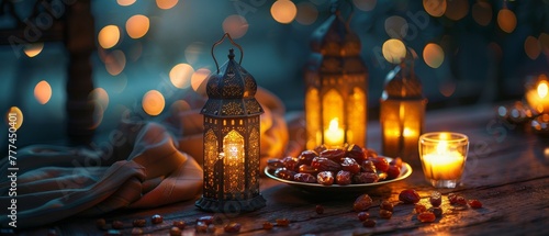Decorative Arabic lanterns glowing at night. Date fruit on a plate. Festive greeting card, invitation to Muslim holy month Ramadan Kareem. Iftar dinner backdrop.