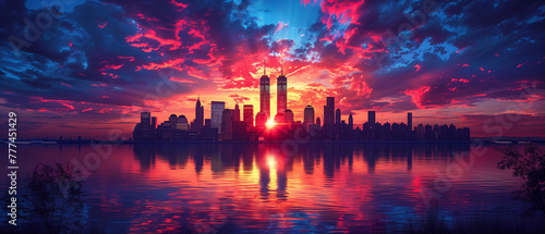New York skyline silhouette with Twin Towers and USA flag at sunset. American Patriot Day banner, labor day, independent day, memorial day, USA international day, USA flag, 4th of July