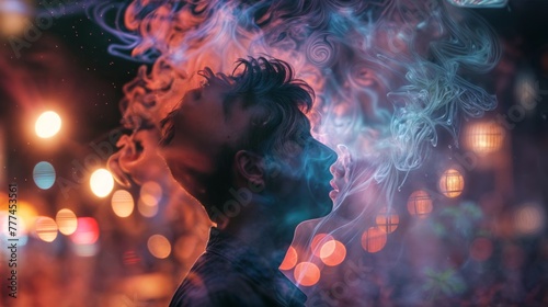 Portrait of a young man with smoke in the city at night