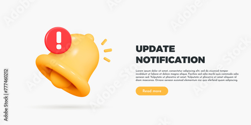3D Bell notifications and update time. Subscribe to upgrade. New important message. Social media reminder. Update software. Cartoon creative design vector illustration for web page banner. 3D Vector