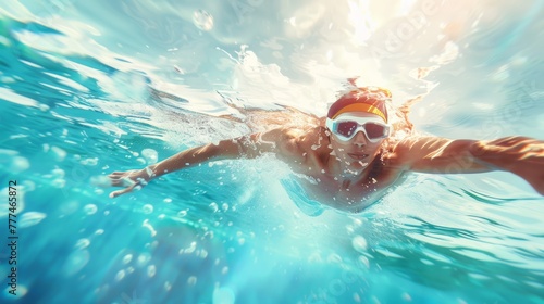 Nuotatore esegue una bracciata perfetta sotto la luce del sole