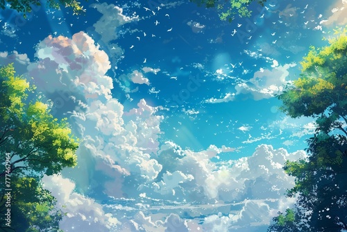 The anime-style illustration of a beautiful rainbow spanning across the blue sky.