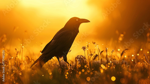 A sleek raven silhouetted against a golden sunrise, casting a dramatic shadow on a dewy meadow
