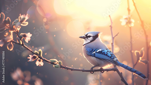 A solitary Blue Jay perched on a branch, its azure feathers shimmering in the soft light of dawn, with plenty of space for text or graphics