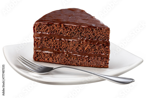 prato com deliciosa fatia de bolo de chocolate com cobertura de calda de chocolate derretido isolado em fundo transparente