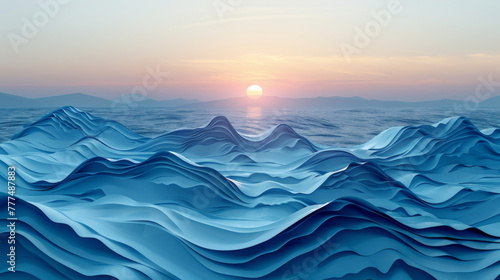 Abstract blue sea and beach summer background with paper waves and seacoast for banner, invitation, poster or web site design. Paper cut style, 3d effect imitation, space for text, vector illustration