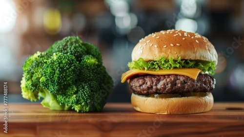 Choosing between healthy and unhealthy junk food concept. Fast-food vs balanced menu comparison. Dieting and health eating. Burger vs green broccoli. Bad or good diet meal.