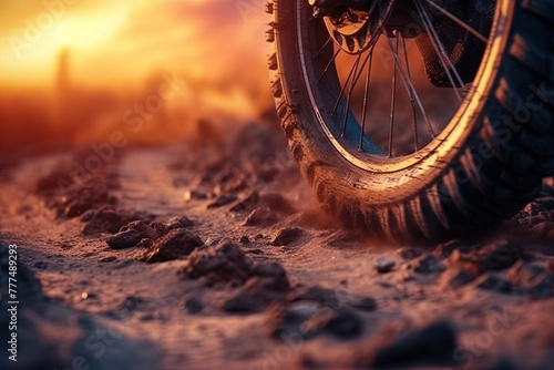 Trial sports bike wheel in the sun shine. Close up view of a mountain bike wheel.
