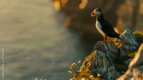 A solitary puffin perched on a rocky cliff, its vibrant orange beak contrasting against the soft hues of a blurred ocean backdrop