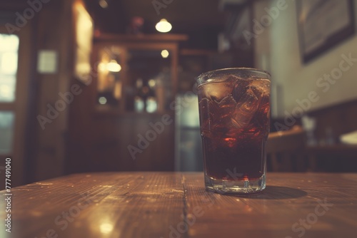 Crystal-clear glass holds chilled, fizzy cola, amber liquid effervescing, ice cubes floating, in dim, ambient tavern. Refreshing soda with ice awaits on weathered wood, bubbles rising swiftly