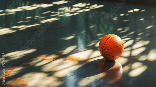 an artistic representation of a basketball ball lying on the polished floor of a sport arena or stadium, with the play of sunlight creating dynamic shadows and highlights attractive look