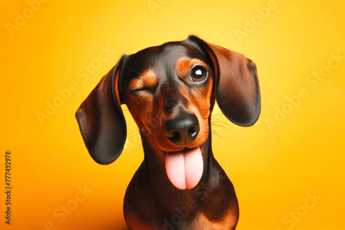 Dachshund Dog winking and sticking out tongue on color bright background