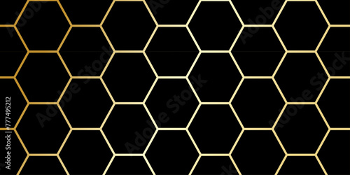 Abstract hexagons pattern. Geometric background with golden hexagonal elements on black. Abstract octagons dark 3d background. black golden line hexagons backdrop wallpaper with copy space for text. 