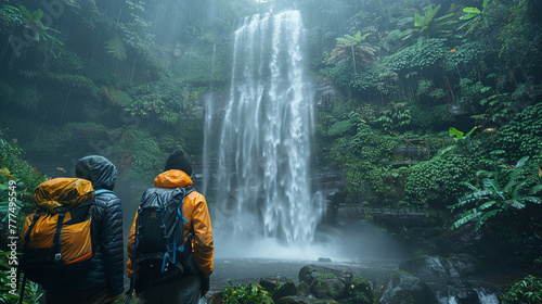 Tourists with backpacks look at the waterfall